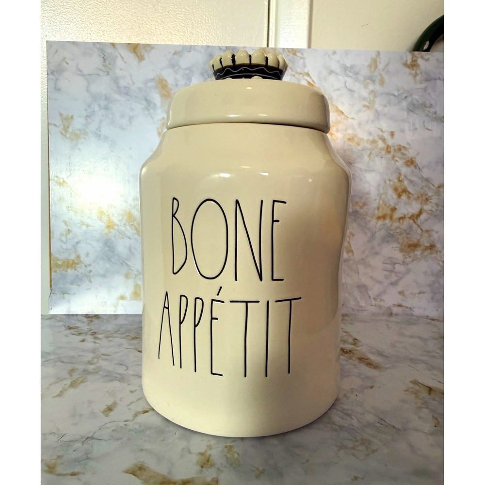 Rae Dunn Bone Appétit Dog Cat Cookie Jar, Ceramic White 1 Gal Canister w/ Lid